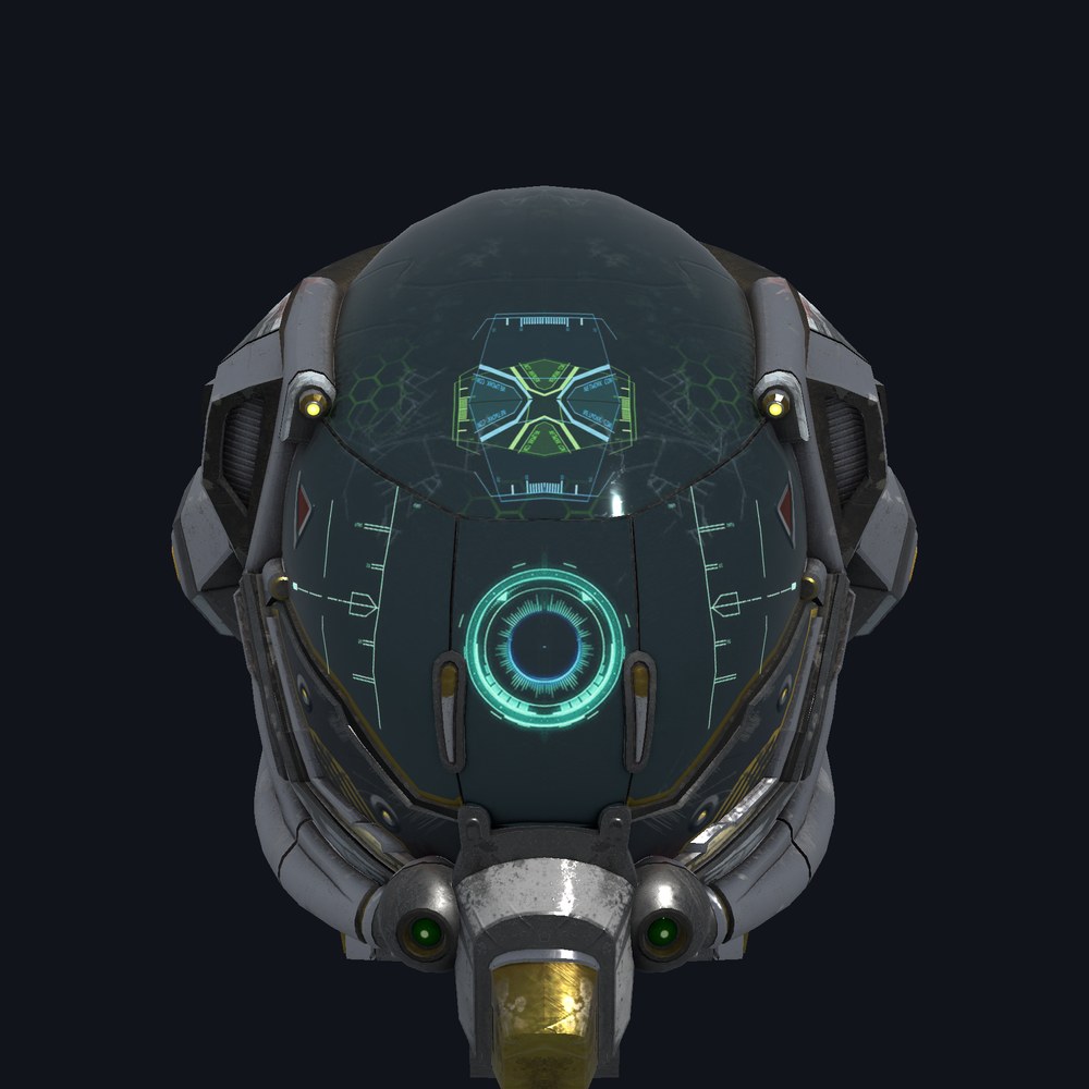 The DamagedHelmet model from the front, with its emissive visor