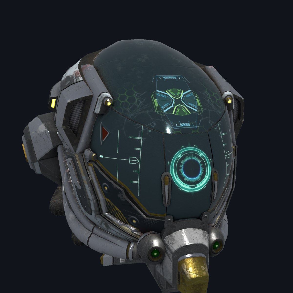 The DamagedHelmet glTF model, drawn by Eskiu's gpu package with physically based shading