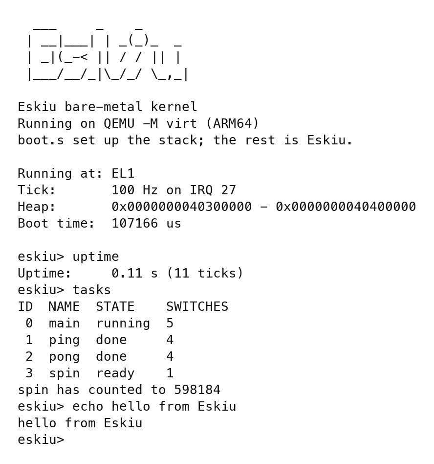 The Eskiu kernel's shell in QEMU, listing its tasks