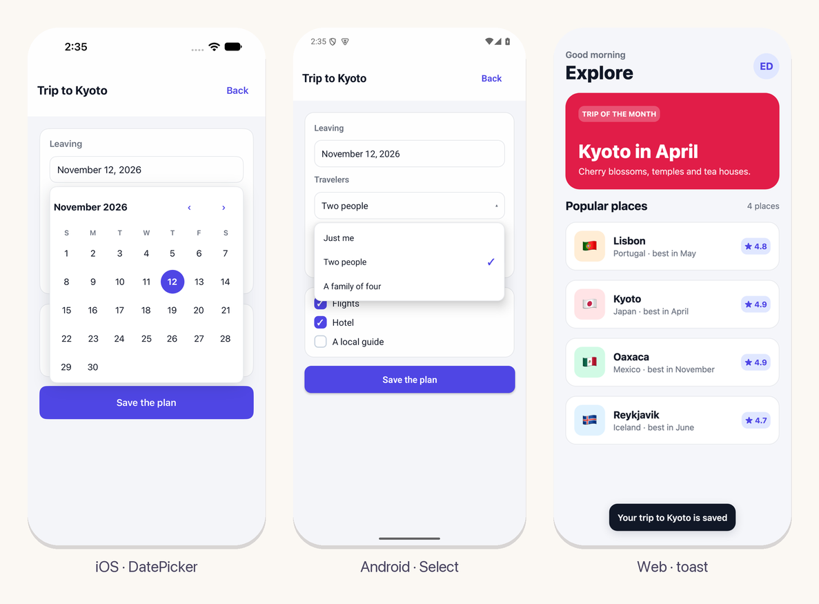 The Explore app's trip planner: a calendar open under the date field on iOS, the travelers menu open on Android, and a toast saying the trip to Kyoto is saved on the web
